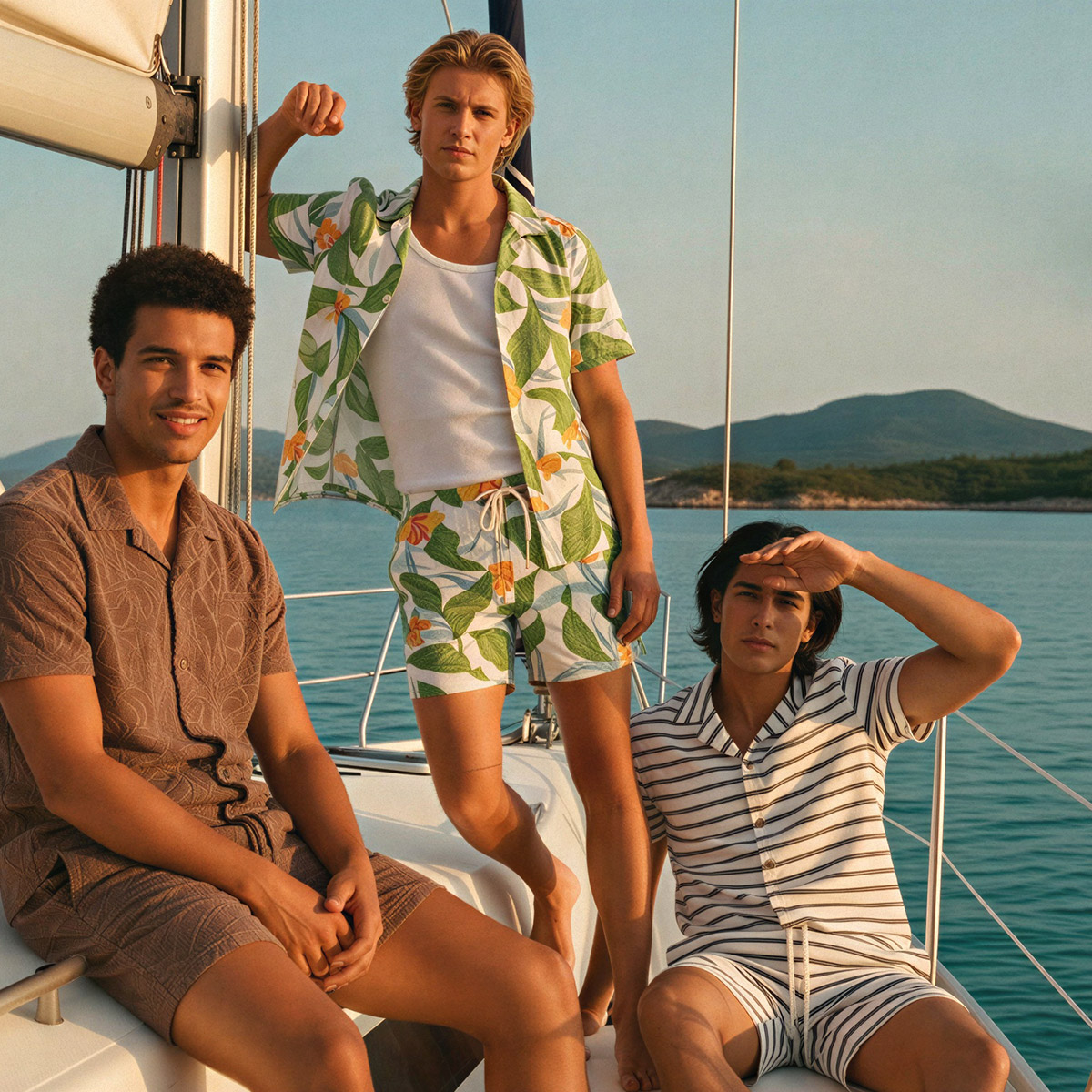 Männer in sommerlicher Freizeitkleidung auf einer Yacht, braunes Hemd, gestreiftes Shirt, tropisches Hemd und Shorts