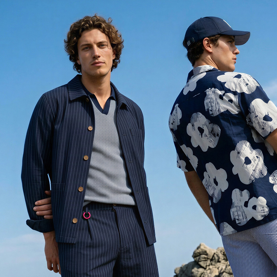 Mann im blau gestreiften Anzug mit grauem Shirt, daneben Mann im floral gemusterten Kurzarmhemd