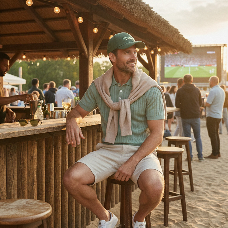 Mann in grünem Poloshirt und Shorts, leger gestylt an Strandbar