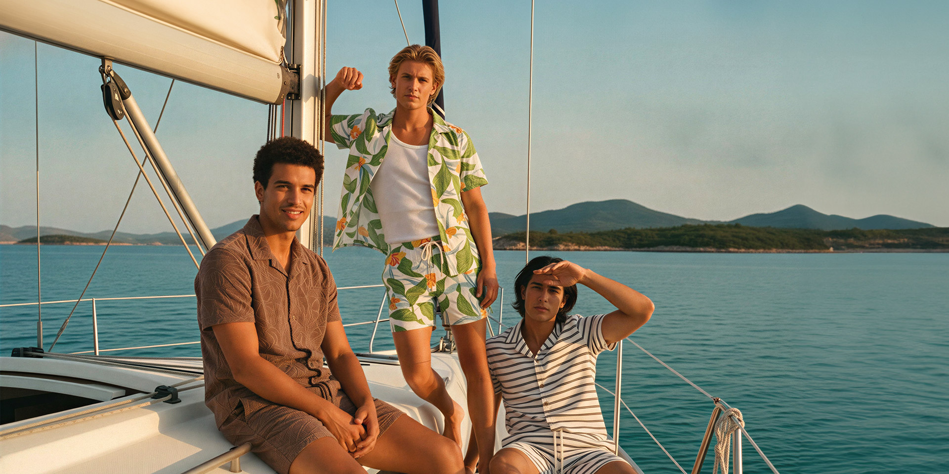Drei Männer in sommerlicher Freizeitkleidung auf einer Yacht, helle Töne, tropische Muster, lässig getragen