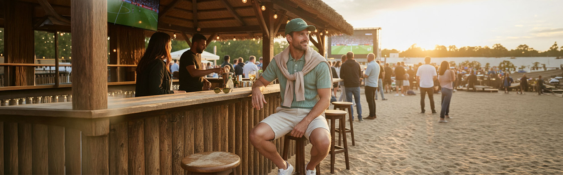 Mann in grünem Poloshirt und Shorts, leger gestylt an Strandbar