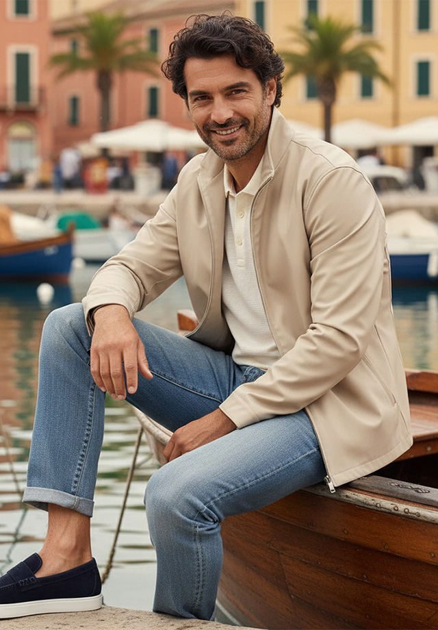 Mann in beiger Jacke mit weißem Poloshirt und blauen Jeans am Hafen sitzend