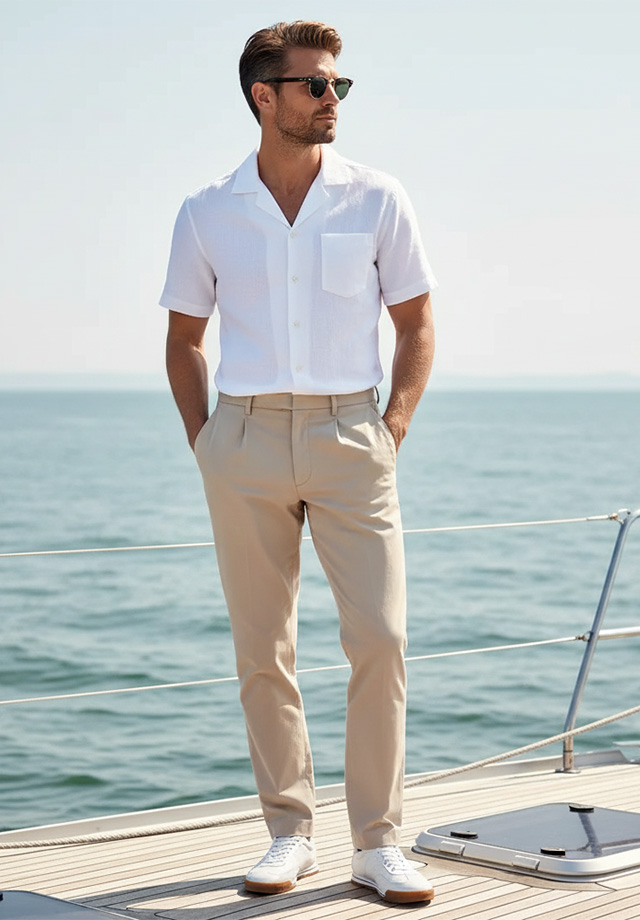 Herren in weißem Kurzarmhemd und beiger Chinohose auf Yacht, sommerlich elegant