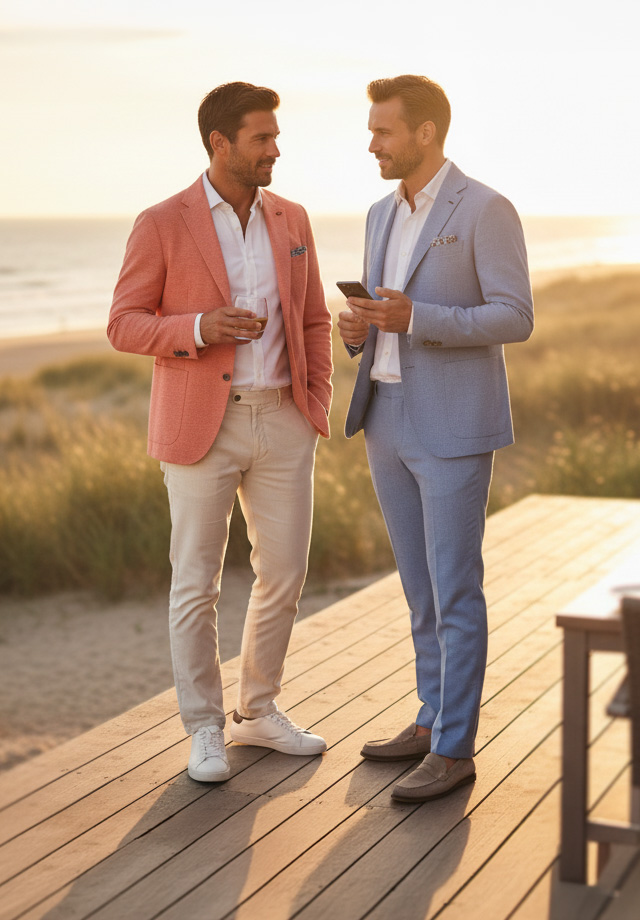 Zwei Männer in sommerlichen Anzügen, einer in Blau, der andere in Koralle, mit weißen Hemden, am Strand stehend.