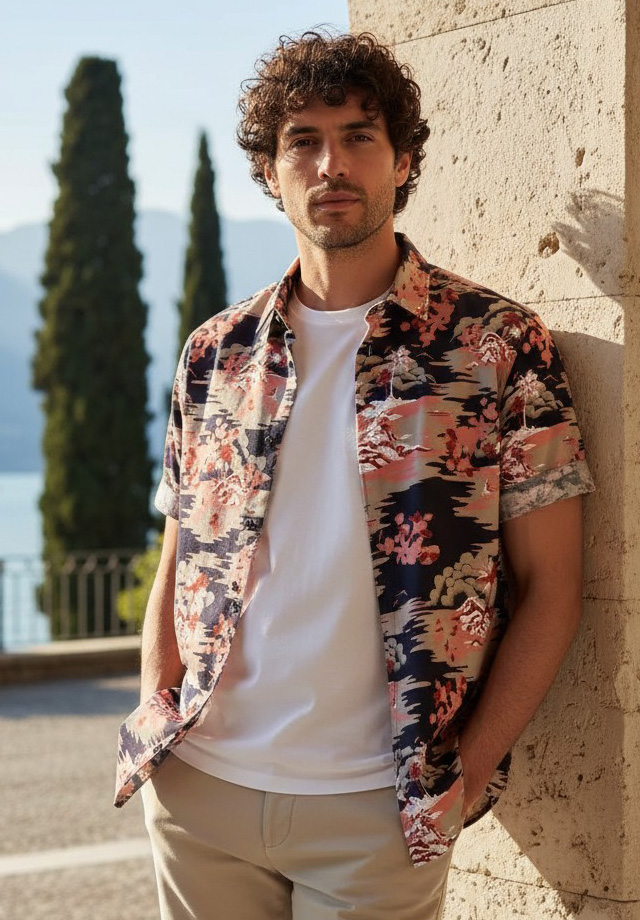 Mann in floralem Kurzarmhemd aus Baumwolle vor mediterraner Kulisse, leger offen getragen über weißem T-Shirt.
