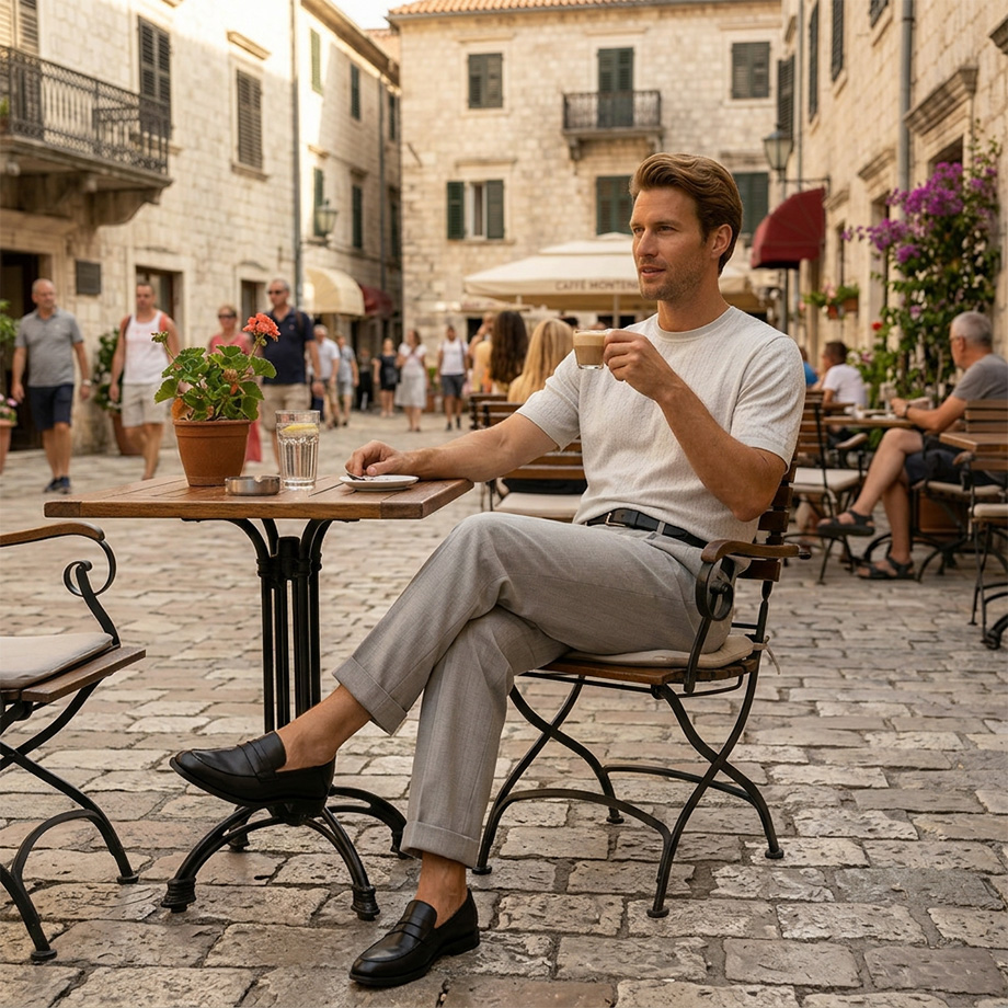 Herr in grauer Hose und weißem T-Shirt beim Café-Besuch, lässig-eleganter Look