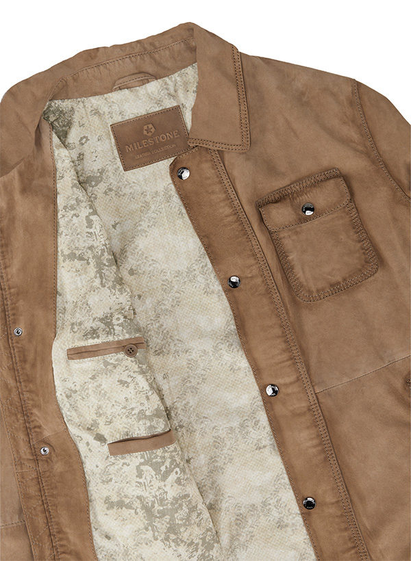 Braune Herren-Lederjacke mit beiger Innenfütterung, klassische Knopfleiste