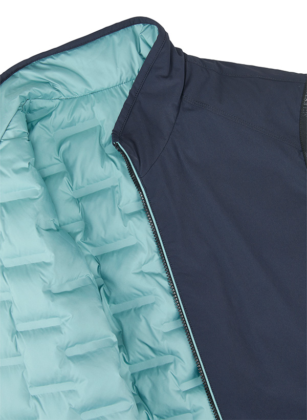 Dunkelblaue Herrenjacke mit hellblauem gestepptem Innenfutter, Reißverschluss halb geöffnet