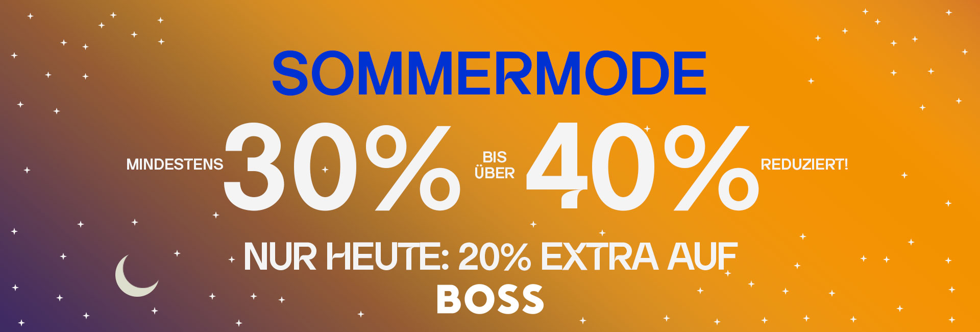 Werbegrafik für Sommermode-Sale mit 30-40% + Extra Rabatt 20% auf die Marke Boss, orange-blauer Hintergrund mit Sternenmotiv