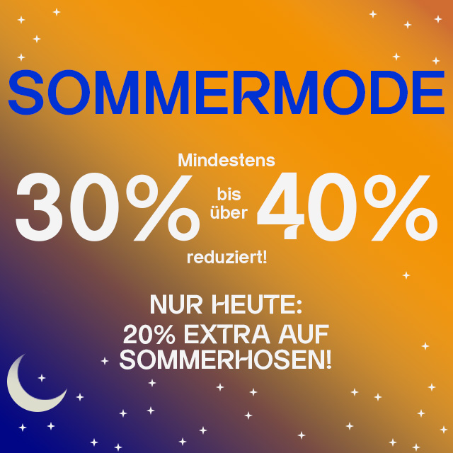 Werbegrafik für Sommermode-Sale mit Rabatten auf Sommerhosen, orange-blauer Hintergrund mit Sternenmotiv