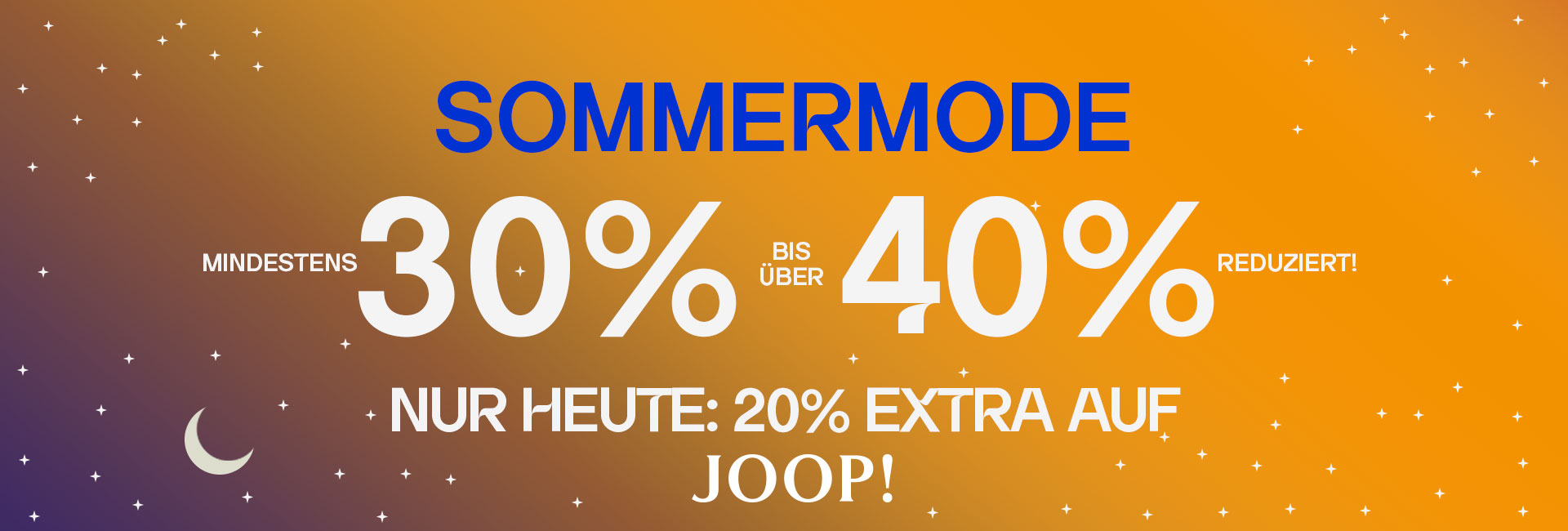 Werbegrafik für Sommermode-Sale mit 30-40% + Extra Rabatt 20% auf die Marke Joop, orange-blauer Hintergrund mit Sternenmotiv