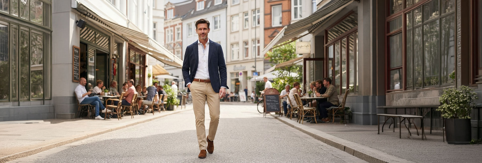 Mann in marineblauem Blazer und beiger Chinohose, lässig gehend auf einer Stadtstraße