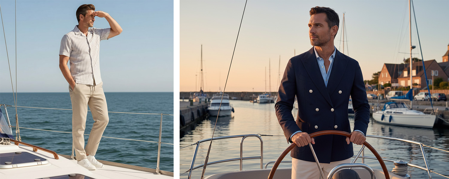 Gestreiftes Kurzarmhemd in Weiß-Beige, leger zu hellen Chinos auf Yacht