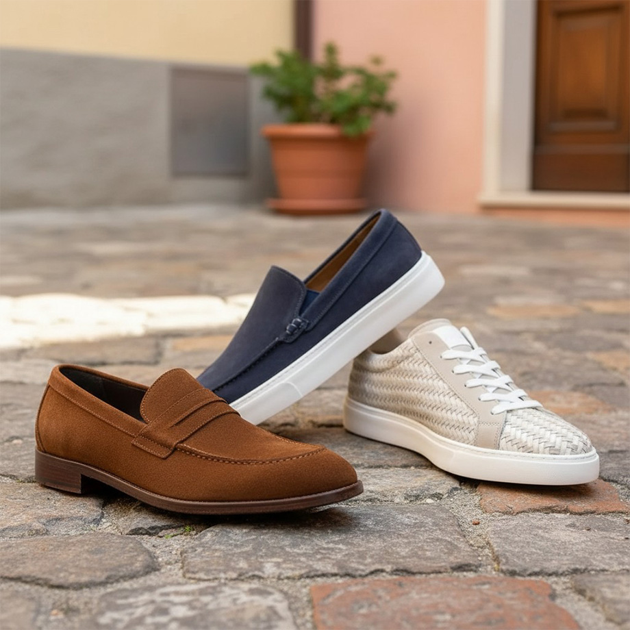 Brauner Wildleder-Loafer und blauer Canvas-Sneaker auf Kopfsteinpflaster, sommerliche Freizeitmode