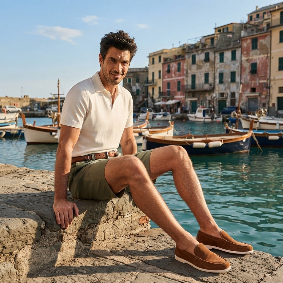Mann in weißem Poloshirt und olivgrünen Shorts, sitzend am Hafen