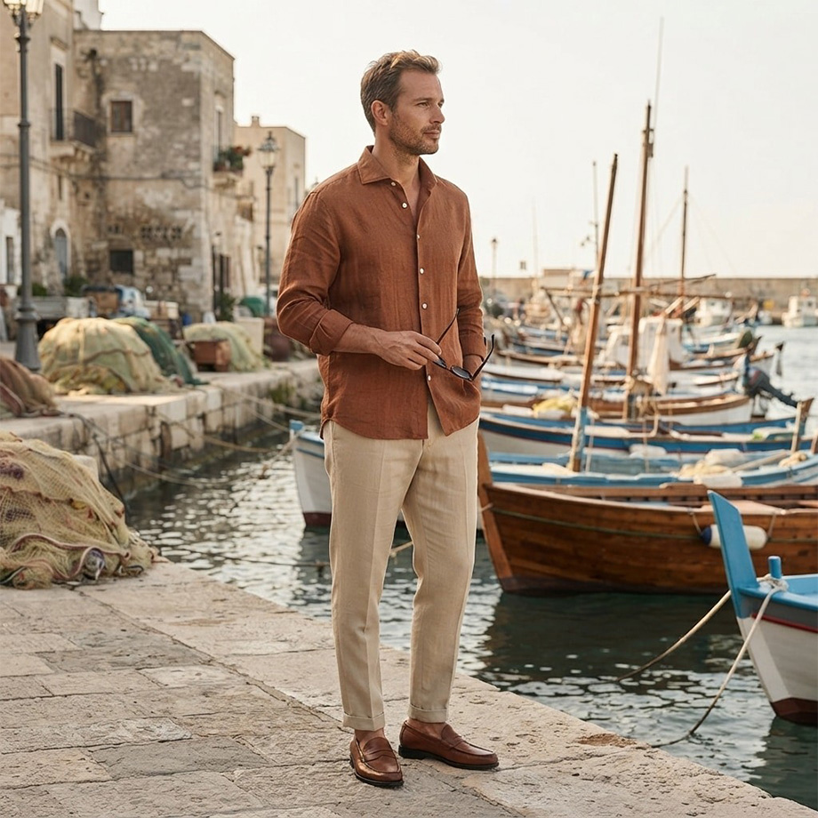 Braunes Leinenhemd und beige Chinos, lässig am Hafen getragen