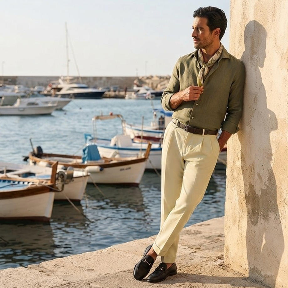 Grünes Leinenhemd und beige Chinohose, lässig am Hafen getragen