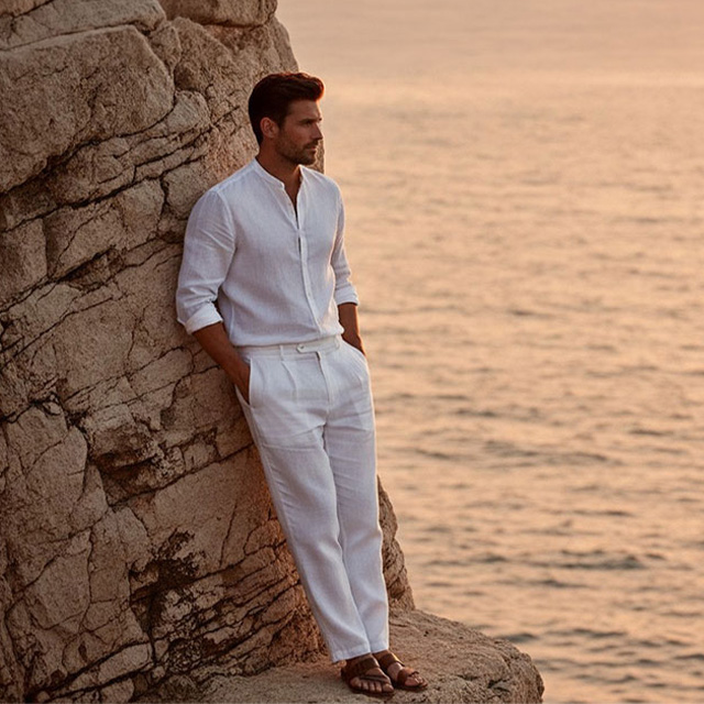 Mann in weißem Leinenhemd und Leinenhose am Meer bei Sonnenuntergang