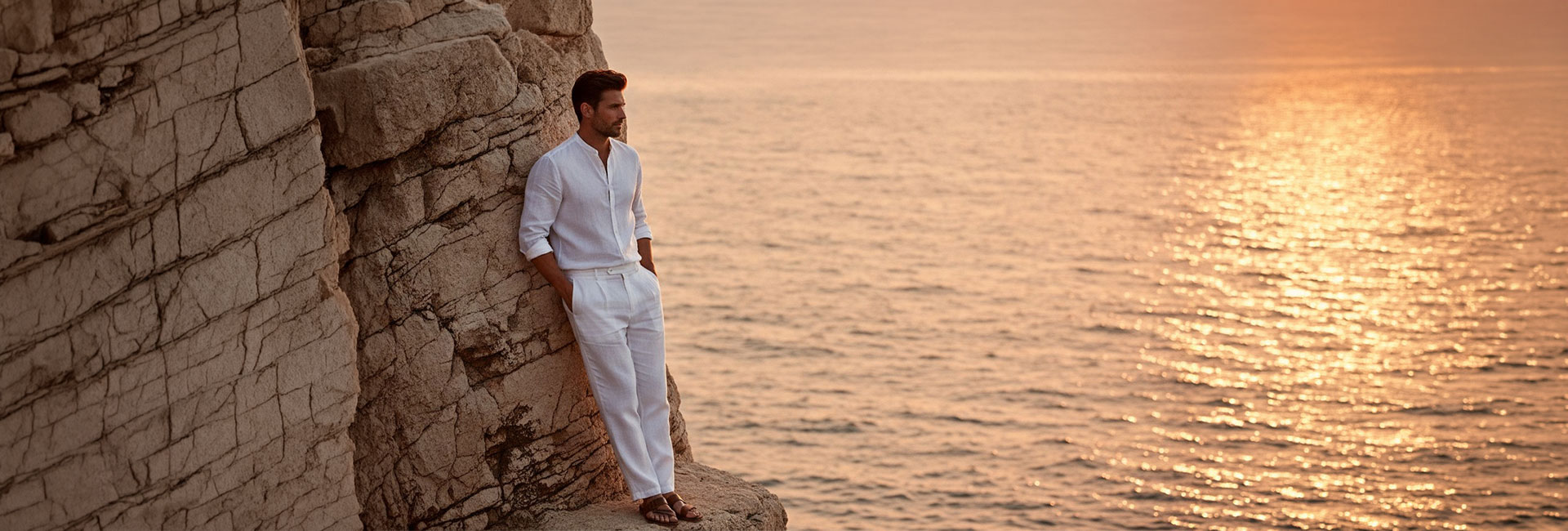 Mann in weißem Leinenhemd und Leinenhose am Meer bei Sonnenuntergang