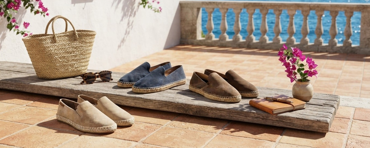 Beige, blaue und braune Herren-Espadrilles aus Wildleder auf Terrasse, lässig präsentiert
