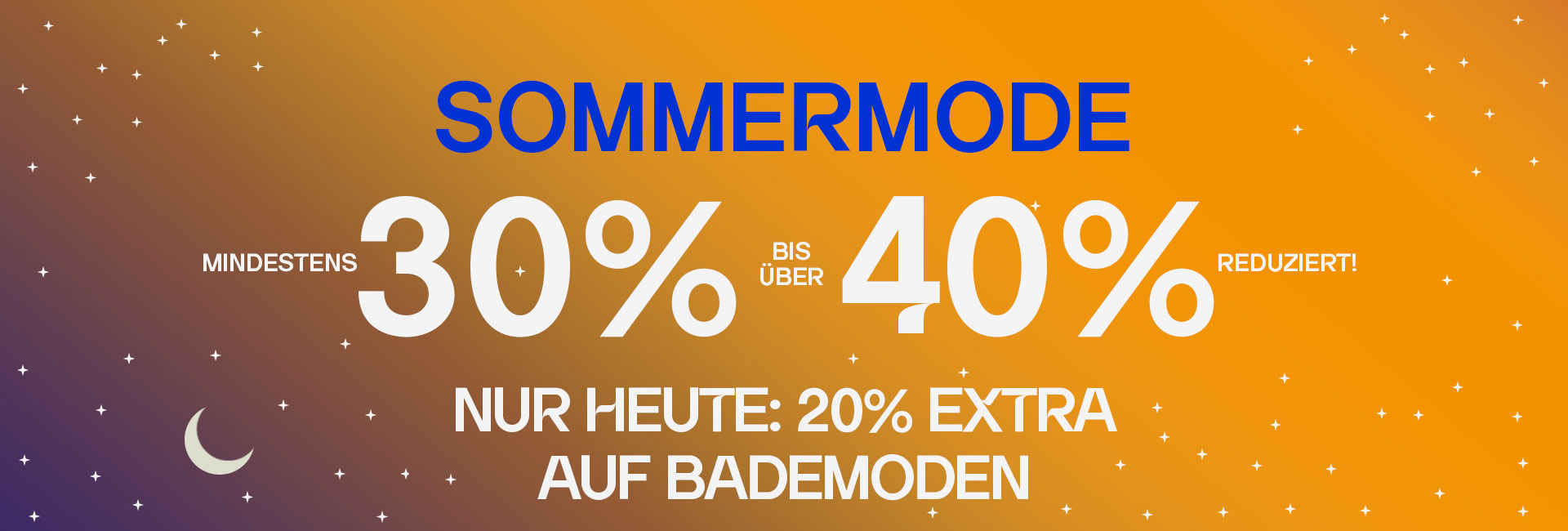 Werbegrafik für Sommermode-Sale mit 30-40% + Extra Rabatt 20% auf Bademode, orange-blauer Hintergrund mit Sternenmotiv