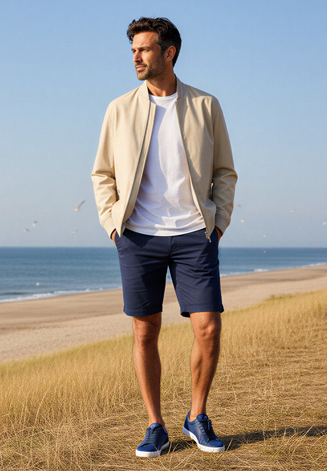 Mann in beiger Sommerjacke und dunkelblauen Shorts am Strand, lässig getragen.