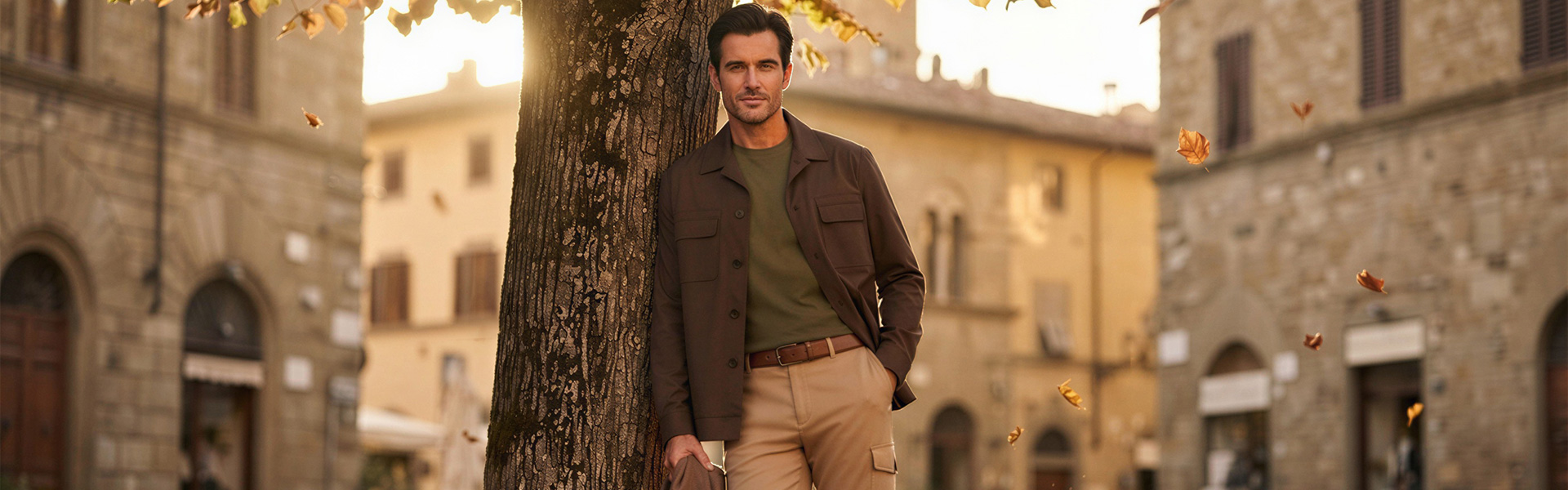 Mann in brauner Jacke und olivgrünem T-Shirt lehnt an Baum in herbstlicher Stadt