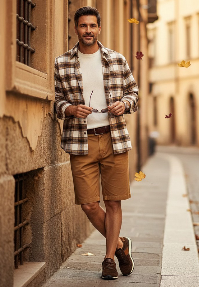 Herr in kariertem Flanellhemd und beiger Bermuda-Shorts, leger getragen