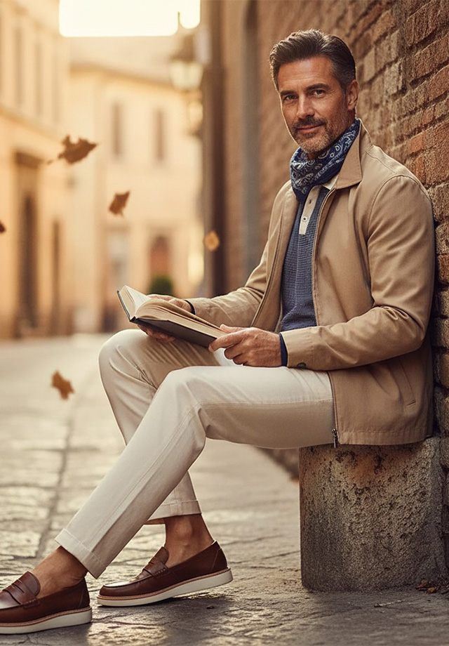 Hellbraune Chinohose und beige Jacke, getragen mit braunen Loafern draußen