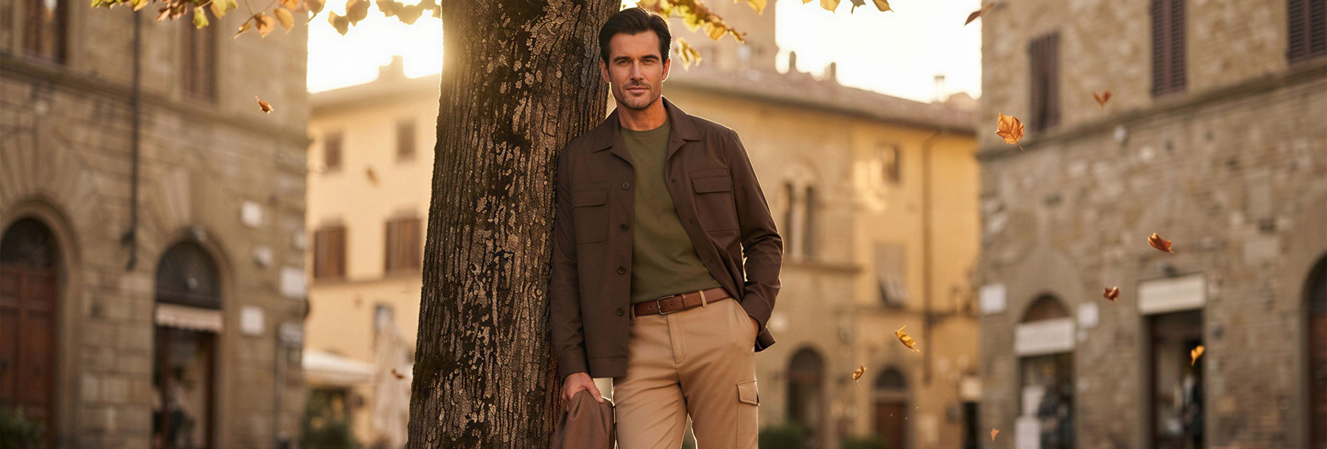 Herr in brauner Jacke und olivgrünem T-Shirt, beige Chinos, leger im Freien angelehnt