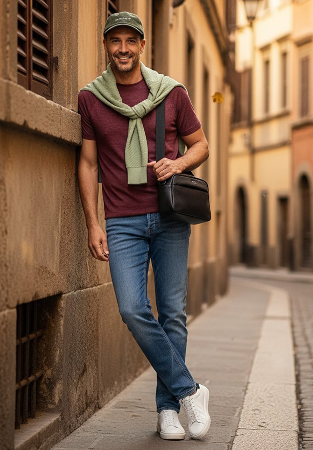 Mann in bordeauxrotem T-Shirt und blauer Jeans mit grünem Pullover um die Schultern, lässig in der Stadt