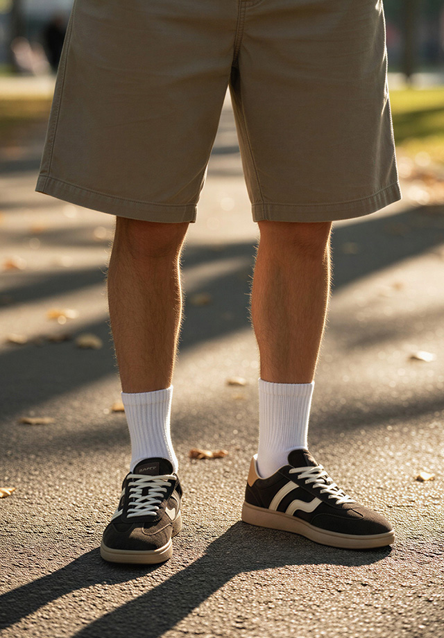 Beige Shorts aus Baumwolle mit schwarzen Freizeitschuhen und weißen Socken im Freien getragen