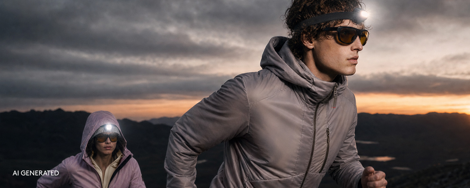 Mann in grauer Outdoor-Jacke beim Laufen in der Dämmerung