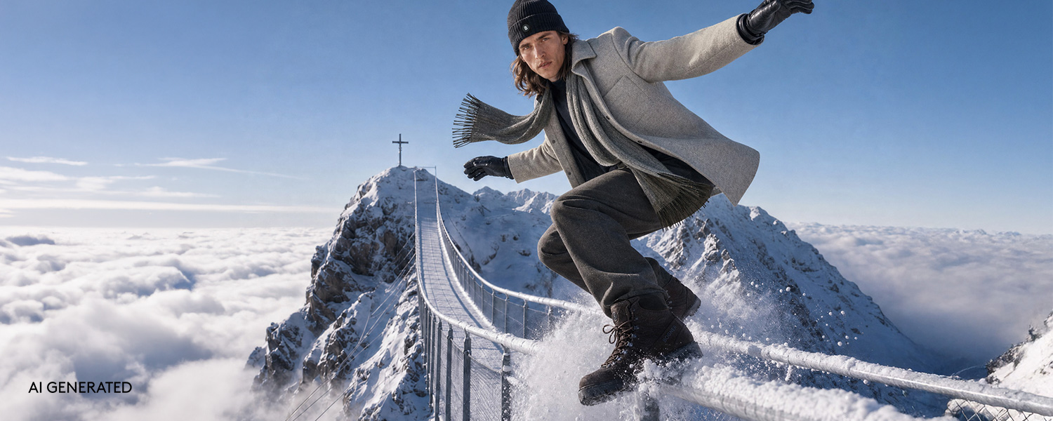 Mann in grauem Wollmantel und Schal auf Brücke in verschneiter Berglandschaft