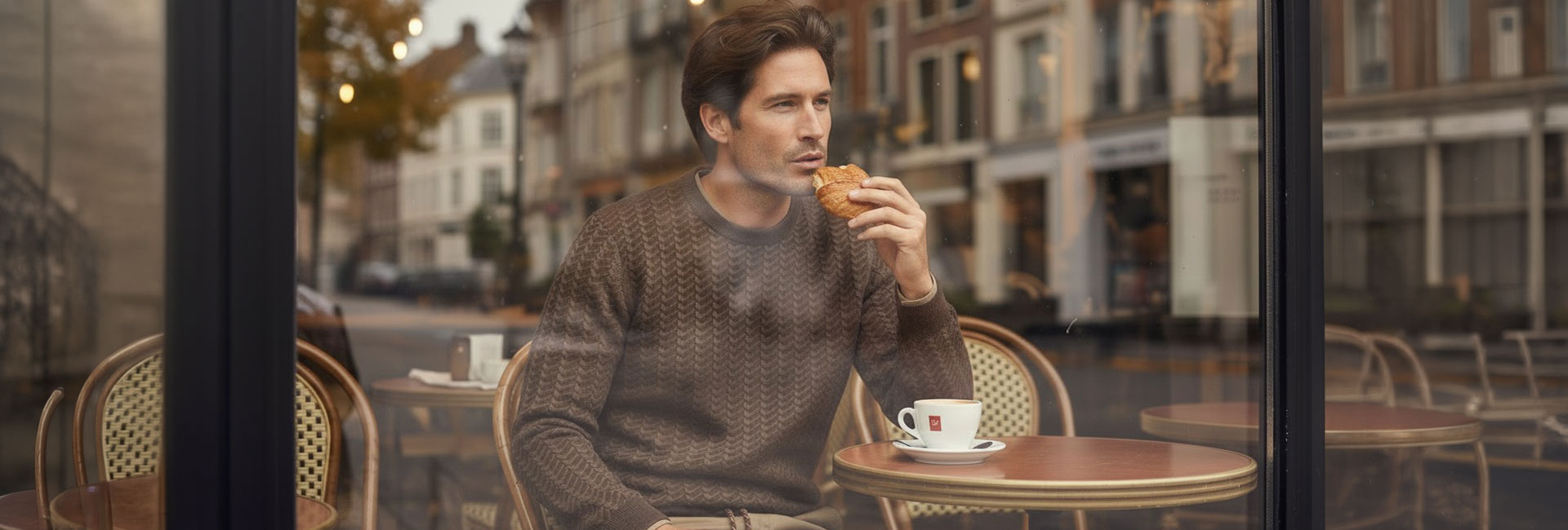 Brauner Strickpullover mit Zopfmuster, elegant im Straßencafé getragen.