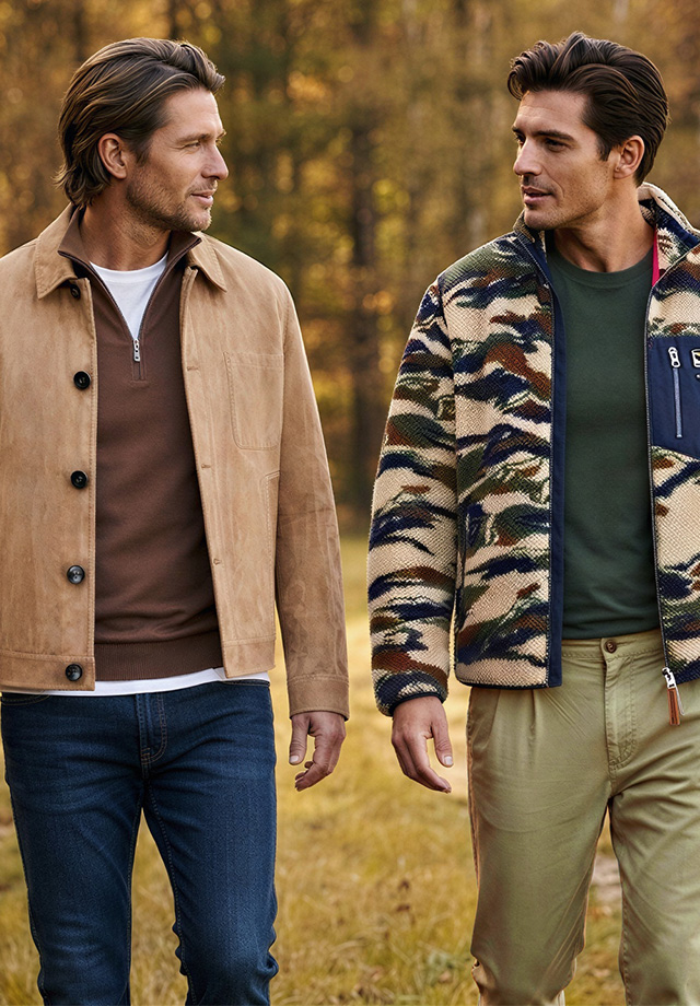 Zwei Männer spazieren im Freien, einer trägt eine beige Wildlederjacke, der andere eine gemusterte Fleecejacke.