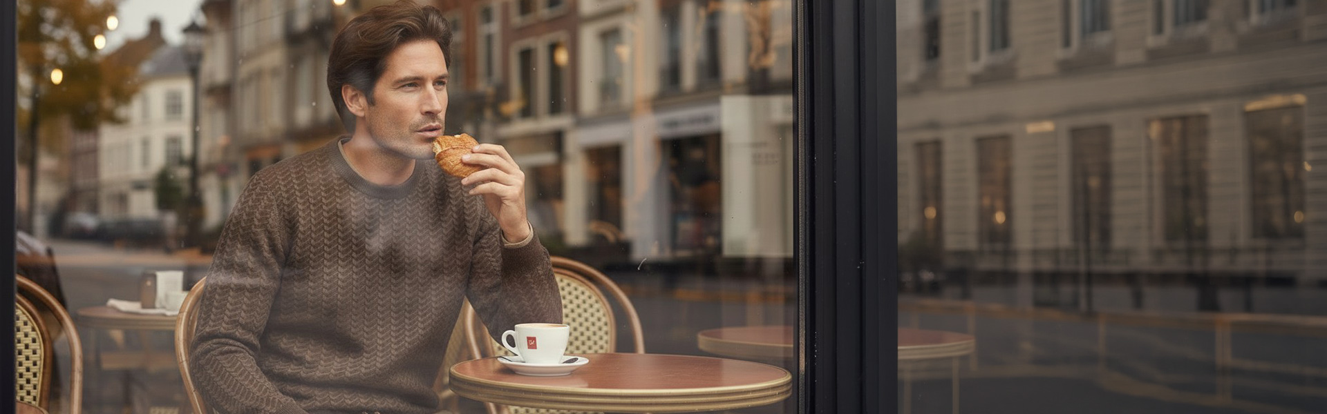 Mann in braunem Strickpullover im Café, stilvoll mit Croissant und Kaffee