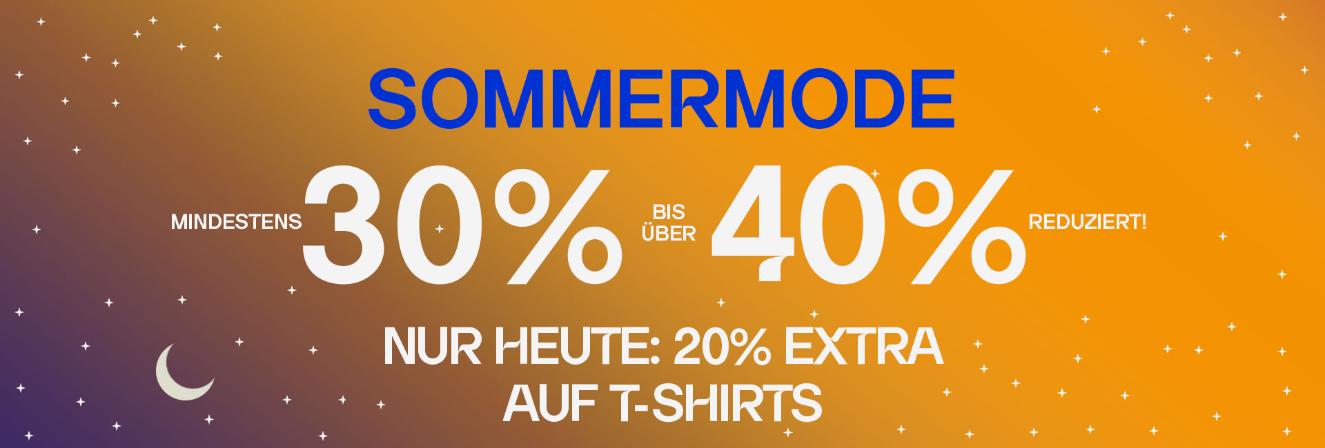 Werbegrafik für Sommermode-Sale mit 30-40% + Extra Rabatt 20% auf T-Shirts, orange-blauer Hintergrund mit Sternenmotiv