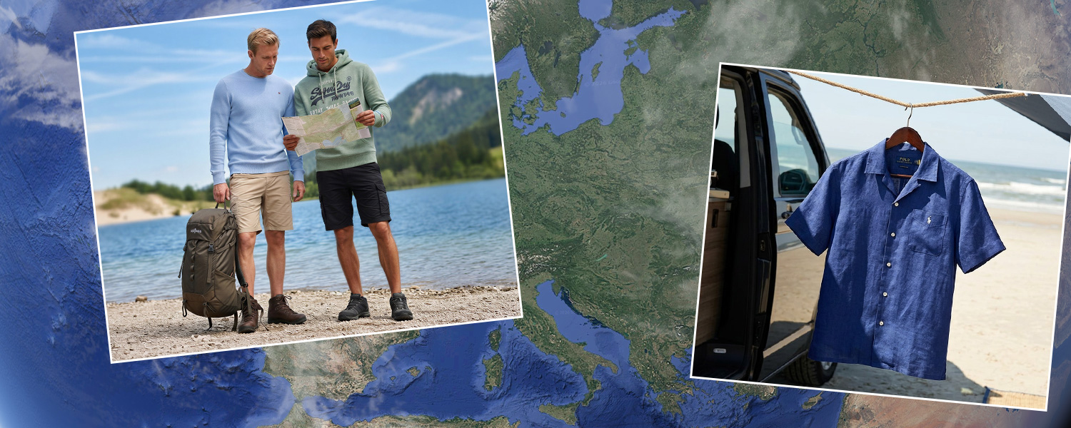Blaues Kurzarmhemd am Strand vor Auto hängend, Leinenoptik, Freizeitmode