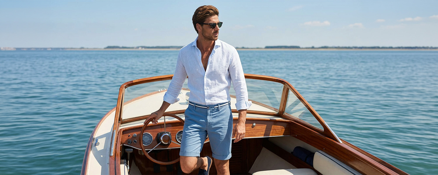 Mann in weißem Leinenhemd und blauen Shorts auf einem Boot