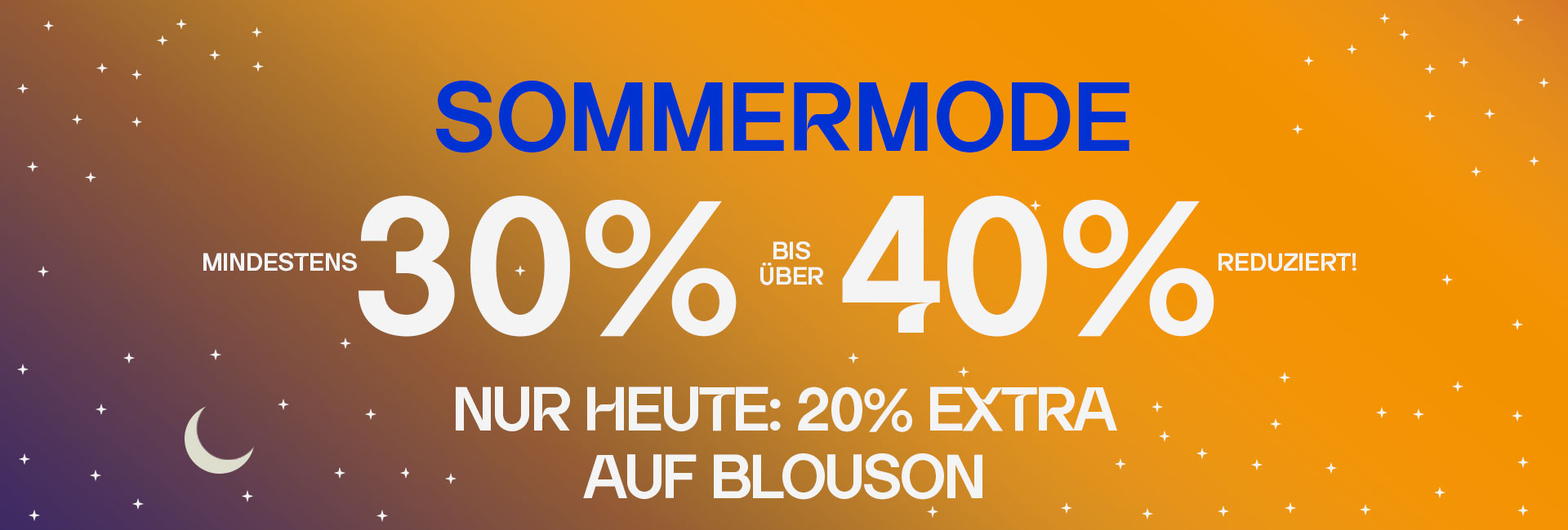 Werbegrafik für Sommermode-Sale mit 30-40% + Extra Rabatt 20% auf leichte Blousons, orange-blauer Hintergrund mit Sternenmotiv