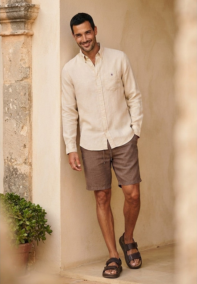 Hellbeiges Leinenhemd und braune Shorts, leger getragen, barfuß in Sandalen