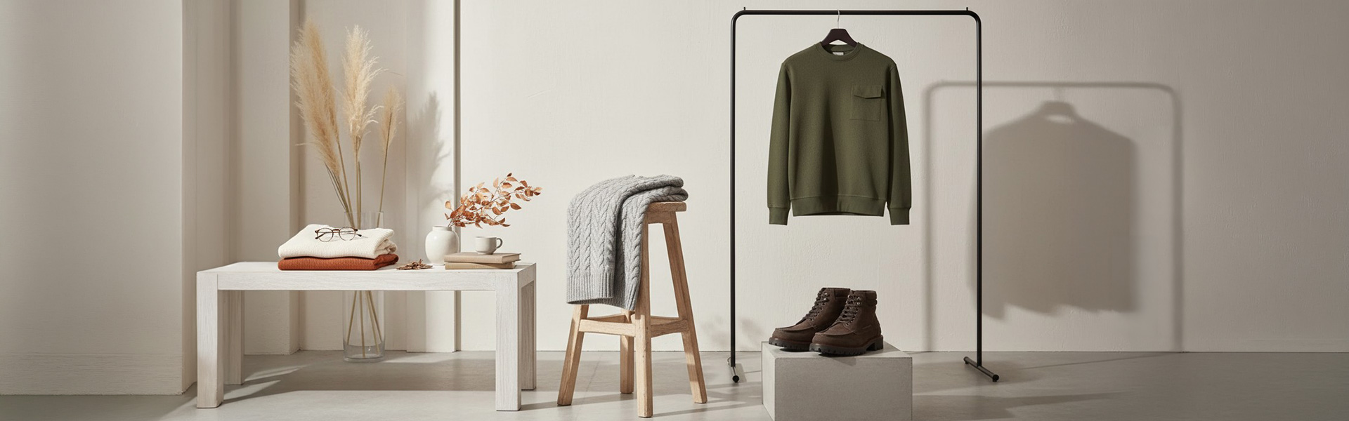 Olivegrüner Strickpullover auf Kleiderständer, braune Lederstiefel, grauer Rollkragenpullover auf Hocker
