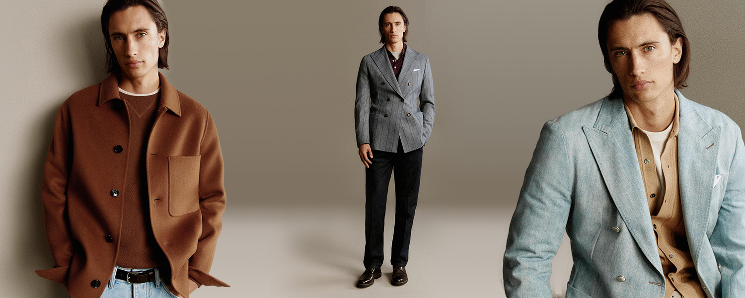 Braune Jacke mit Knöpfen, legere Passform, über Pullover getragen; grauer doppelreihiger Blazer, elegant; hellblauer Anzug, klassisch gestylt.