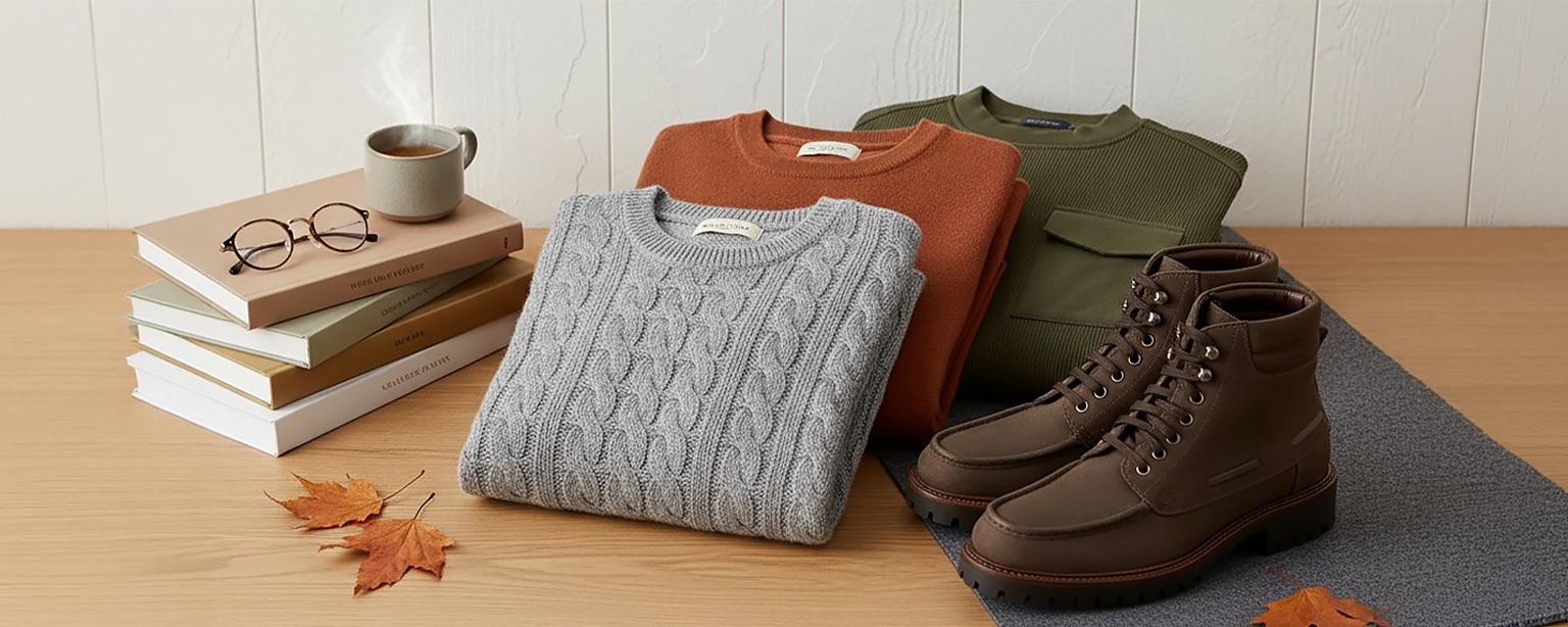 Grau melierter Strickpullover, rostroter und olivgrüner Pullover, braune Lederstiefel auf Holztisch arrangiert
