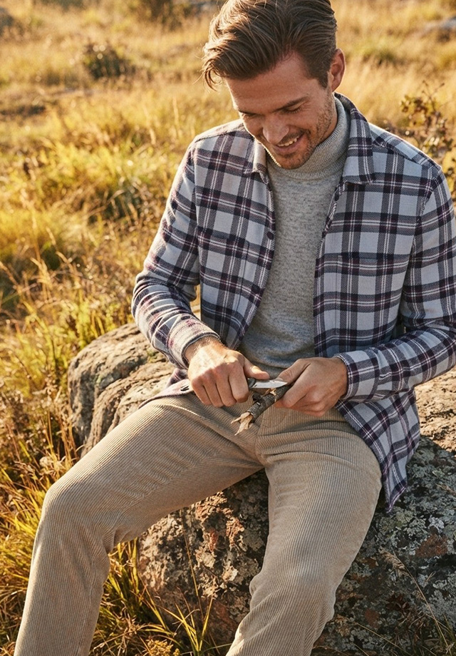 Mann in kariertem Freizeithemd und grauem Pullover, draußen auf einem Felsen sitzend