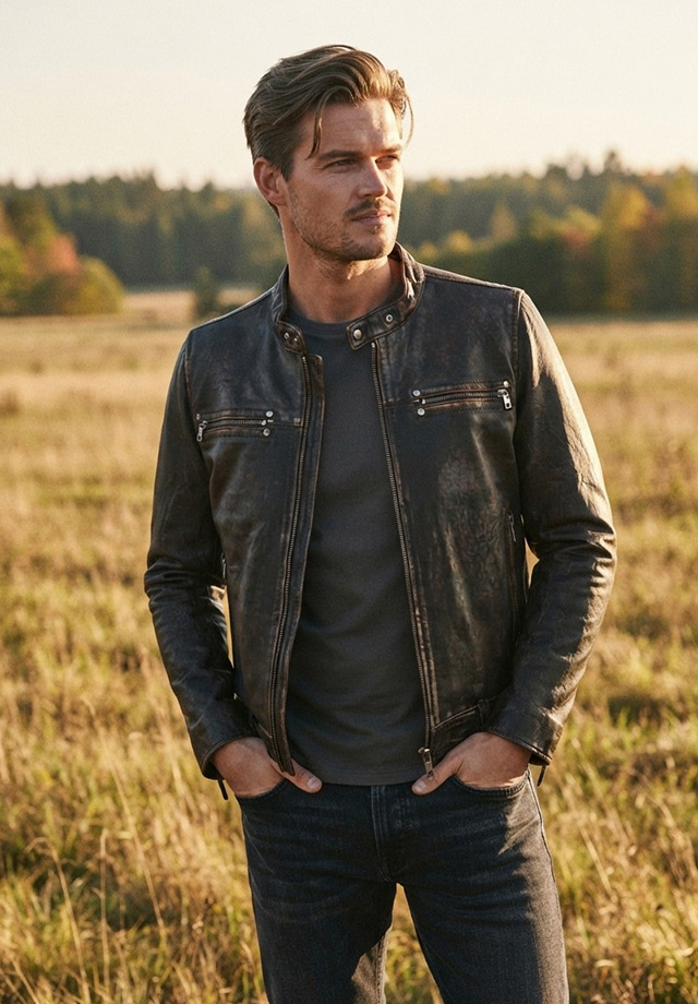 Braune Lederjacke im Biker-Stil, getragen mit grauem T-Shirt im Freien