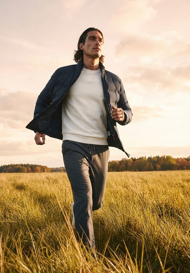 Mann in dunkelblauer Daunenjacke und weißem Pullover, graue Jogginghose, draußen im Feld