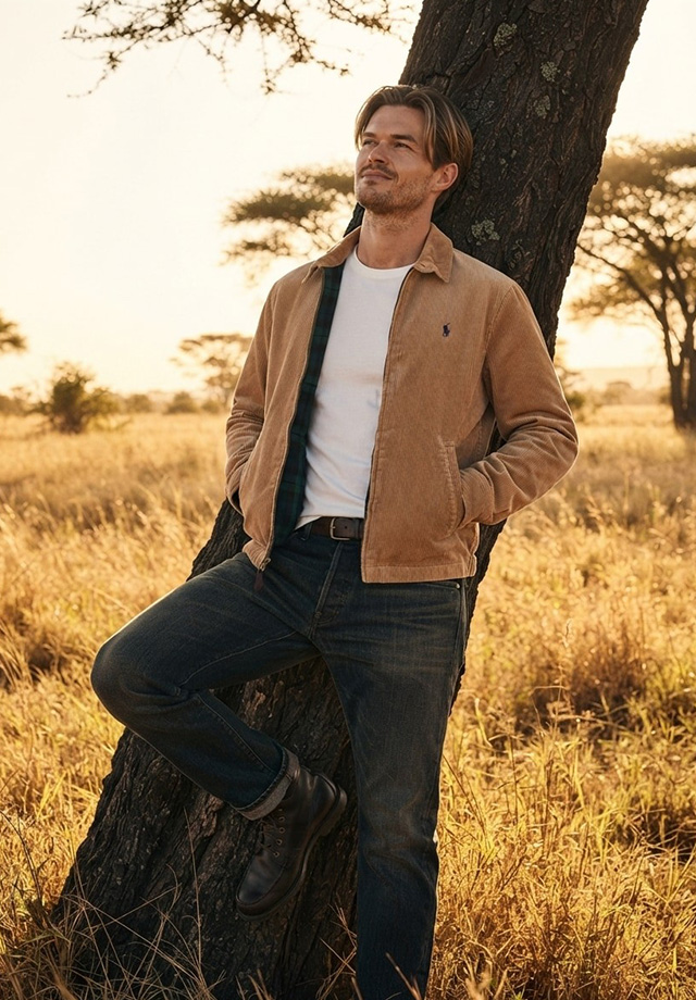 Mann in hellbrauner Cordjacke, weißem T-Shirt und Jeans in der Natur