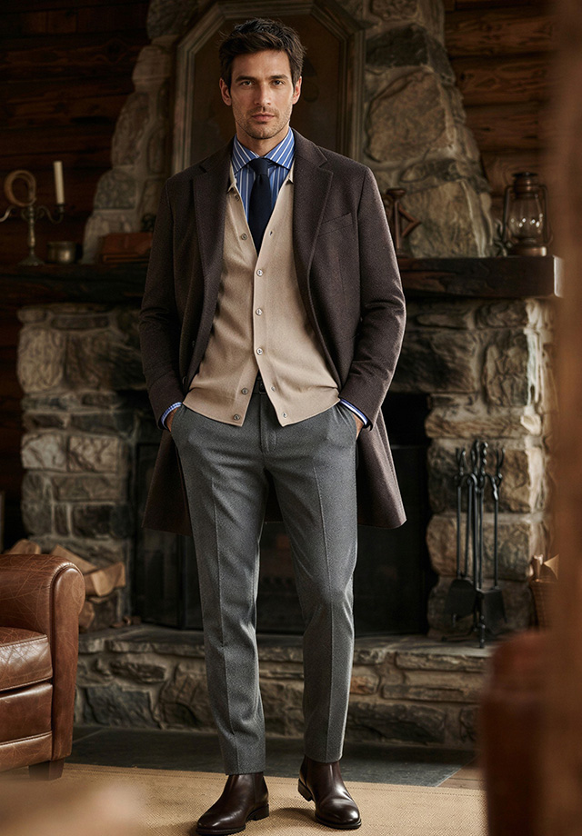 Braunes Sakko mit beiger Strickweste, Hemd und Krawatte zur grauen Stoffhose – moderner Business-Casual-Look.